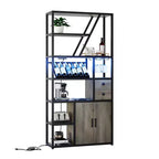 Estante de panadero de granja negro/marrón/gris – Soporte para microondas con toma de corriente, luz LED y botellero, montaje para 1 persona
