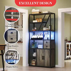 Estante de panadero de granja negro/marrón/gris – Soporte para microondas con toma de corriente, luz LED y botellero, montaje para 1 persona