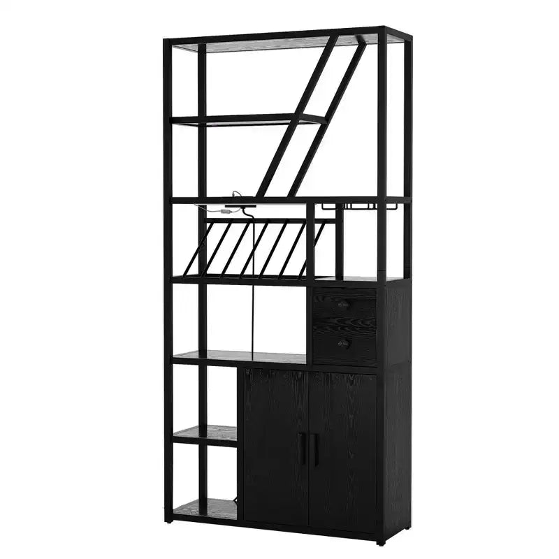 Estante de panadero de granja negro/marrón/gris – Soporte para microondas con toma de corriente, luz LED y botellero, montaje para 1 persona