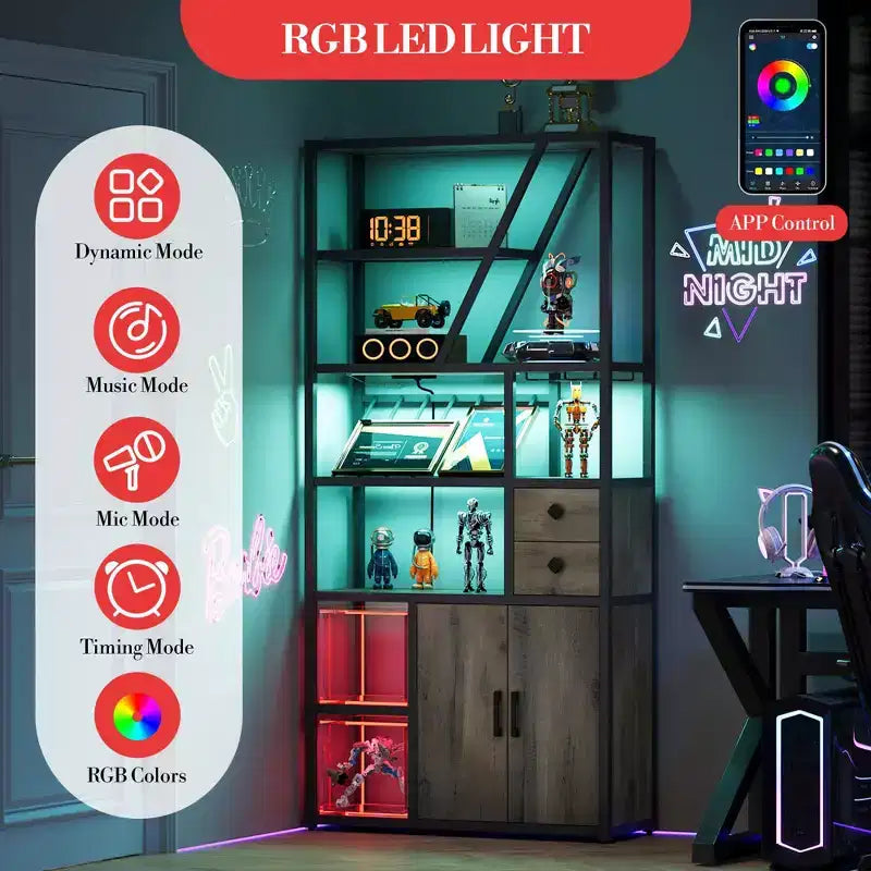 Estante de panadero de granja negro/marrón/gris – Soporte para microondas con toma de corriente, luz LED y botellero, montaje para 1 persona
