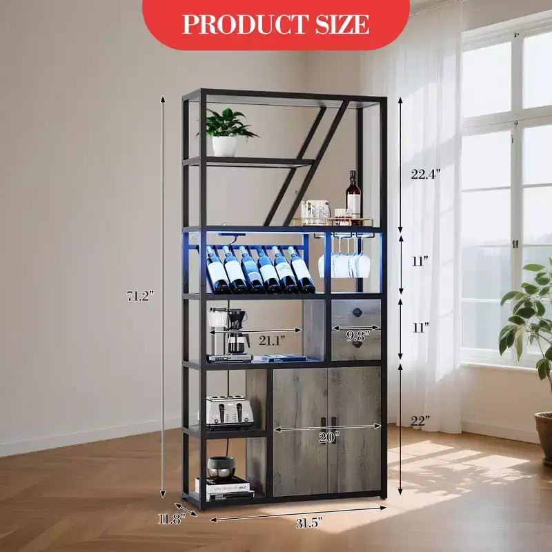 Estante de panadero de granja negro/marrón/gris – Soporte para microondas con toma de corriente, luz LED y botellero, montaje para 1 persona