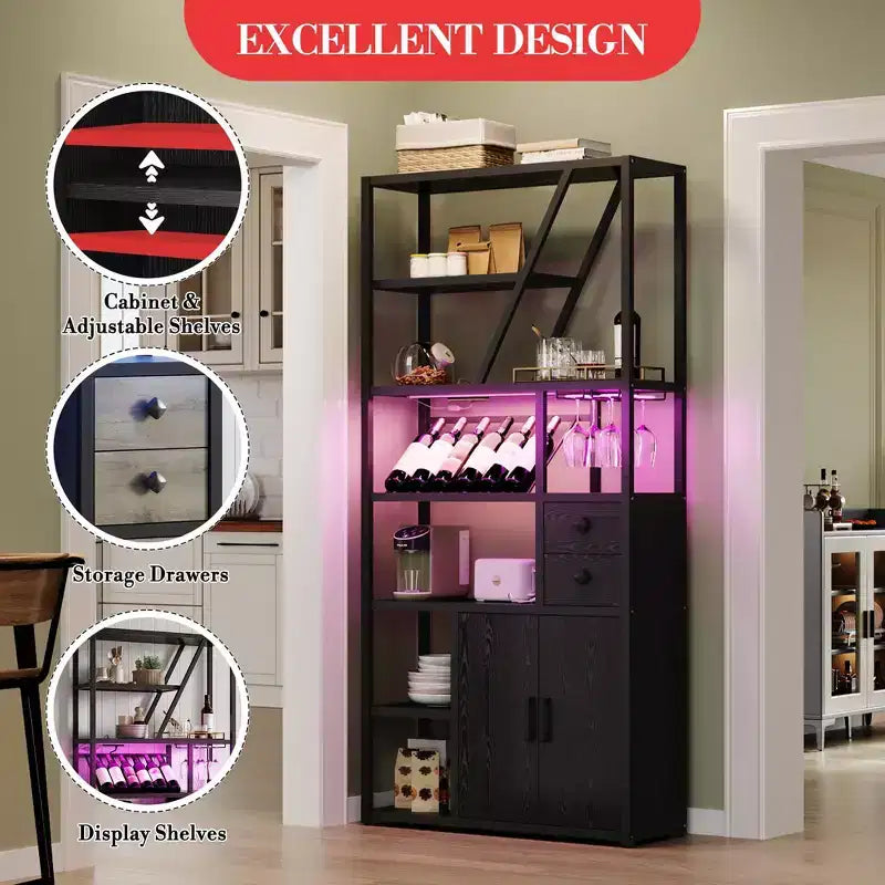 Estante de panadero de granja negro/marrón/gris – Soporte para microondas con toma de corriente, luz LED y botellero, montaje para 1 persona
