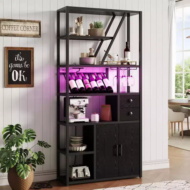 Estante de panadero de granja negro/marrón/gris – Soporte para microondas con toma de corriente, luz LED y botellero, montaje para 1 persona