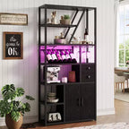 Estante de panadero de granja negro/marrón/gris – Soporte para microondas con toma de corriente, luz LED y botellero, montaje para 1 persona