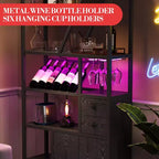 Estante de panadero de granja negro/marrón/gris – Soporte para microondas con toma de corriente, luz LED y botellero, montaje para 1 persona