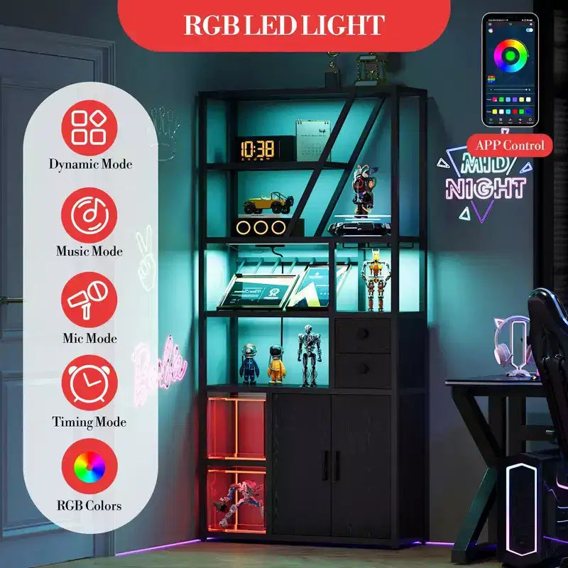 Estante de panadero de granja negro/marrón/gris – Soporte para microondas con toma de corriente, luz LED y botellero, montaje para 1 persona