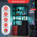 Estante de panadero de granja negro/marrón/gris – Soporte para microondas con toma de corriente, luz LED y botellero, montaje para 1 persona