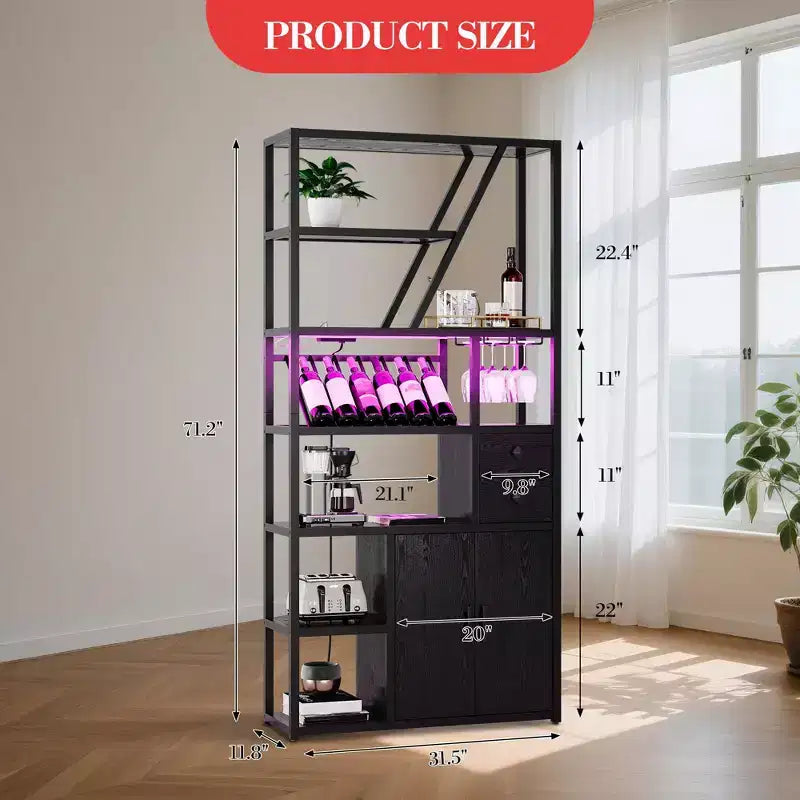 Estante de panadero de granja negro/marrón/gris – Soporte para microondas con toma de corriente, luz LED y botellero, montaje para 1 persona