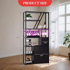 Estante de panadero de granja negro/marrón/gris – Soporte para microondas con toma de corriente, luz LED y botellero, montaje para 1 persona