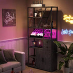 Farmhouse Bakers Rack w/Power Outlet & LED Light - Microwave Stand w/Wine Rack for Kitchen/Dining Room