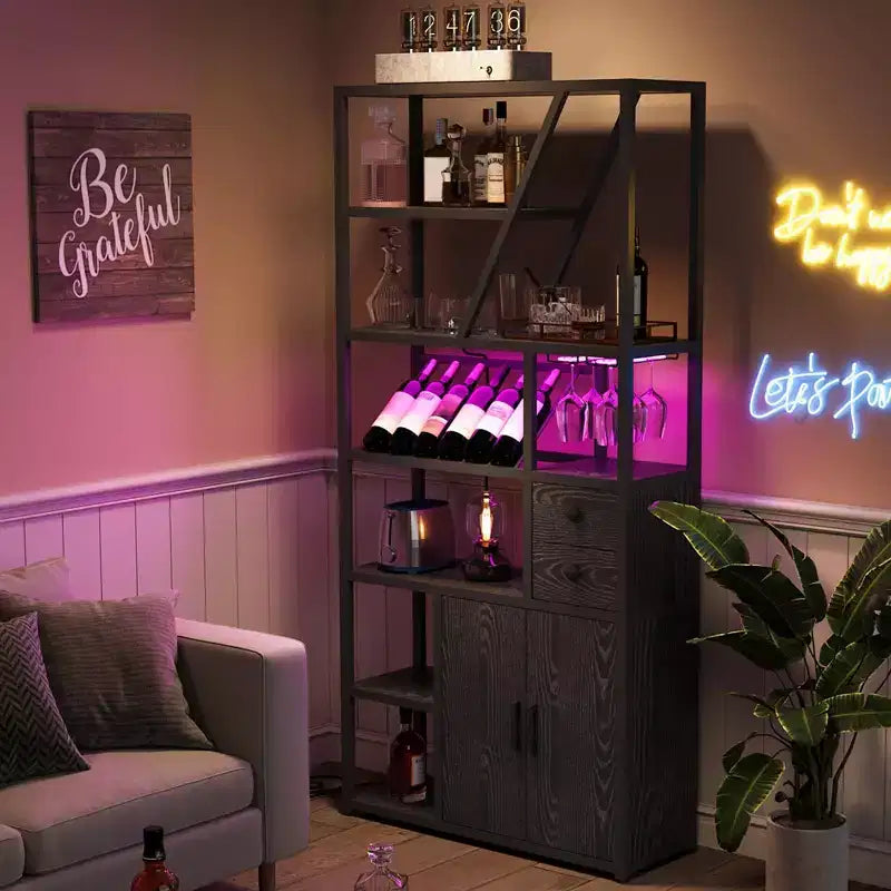 Farmhouse Bakers Rack w/Power Outlet & LED Light - Microwave Stand w/Wine Rack for Kitchen/Dining Room