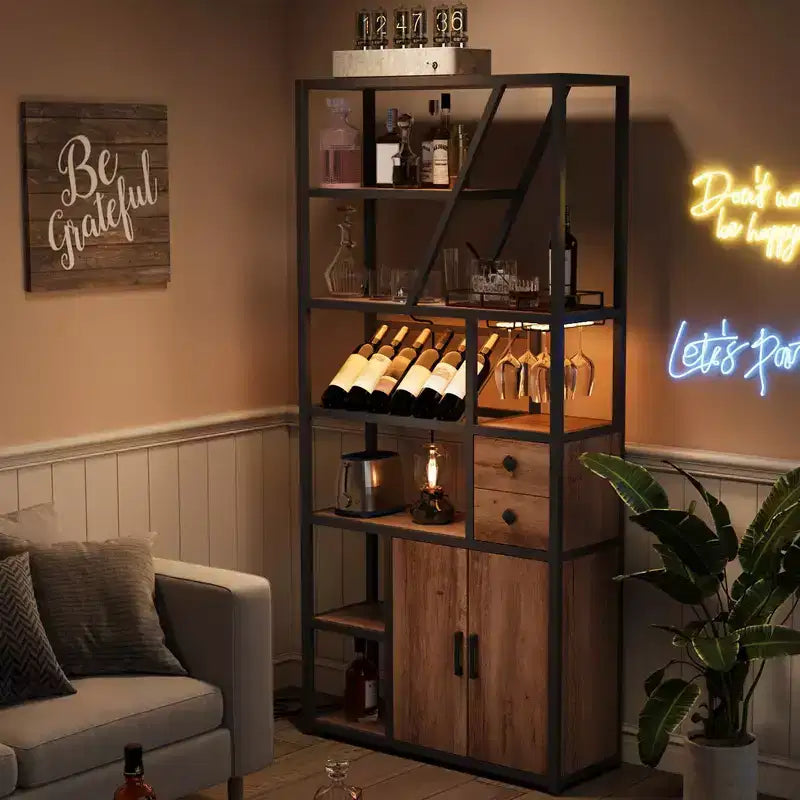 Estante de panadero de granja negro/marrón/gris – Soporte para microondas con toma de corriente, luz LED y botellero, montaje para 1 persona