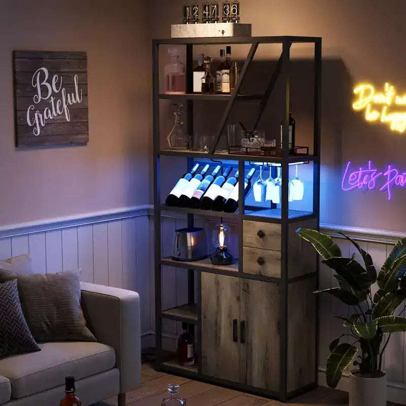 Estante de panadero de granja negro/marrón/gris – Soporte para microondas con toma de corriente, luz LED y botellero, montaje para 1 persona