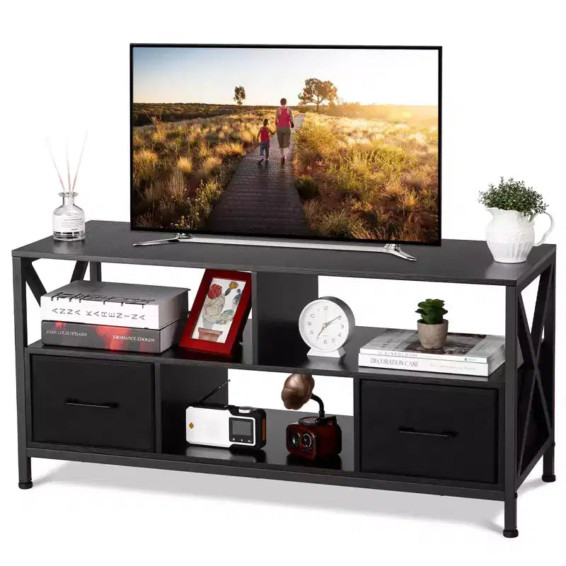 Mueble para TV negro con estantes abiertos, apto para televisores de hasta 50 pulgadas