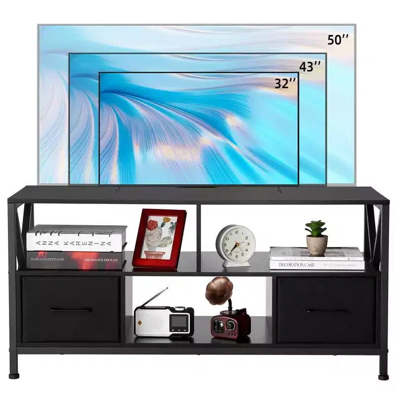 Mueble para TV negro con estantes abiertos, apto para televisores de hasta 50 pulgadas