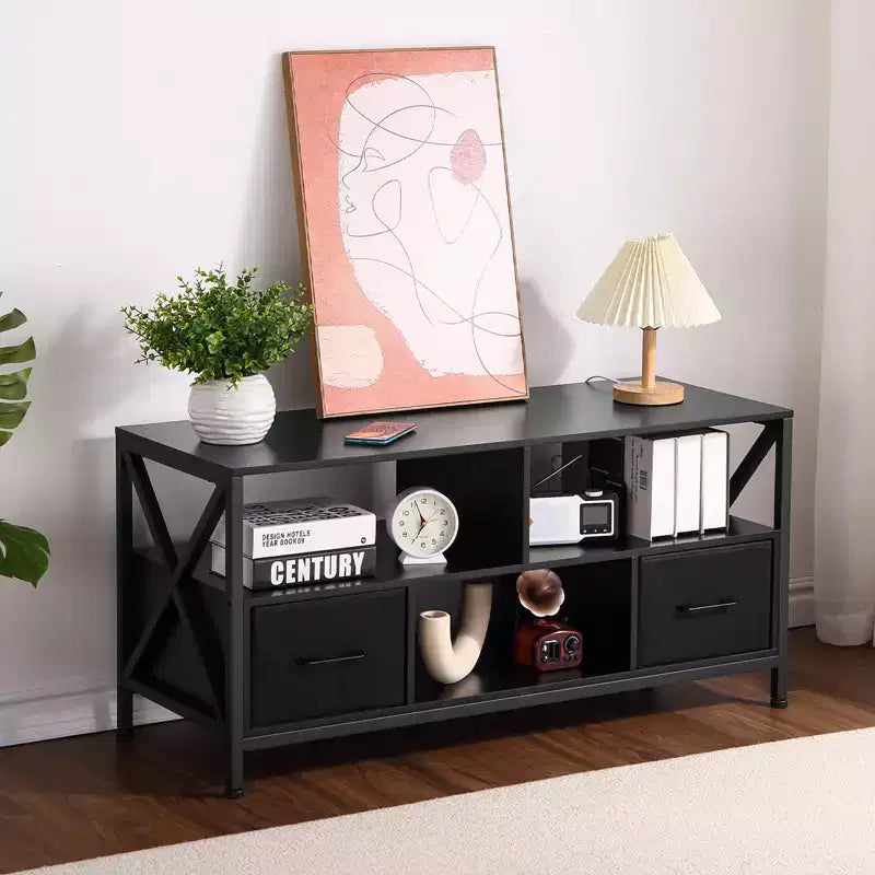 Mueble para TV negro con estantes abiertos, apto para televisores de hasta 50 pulgadas