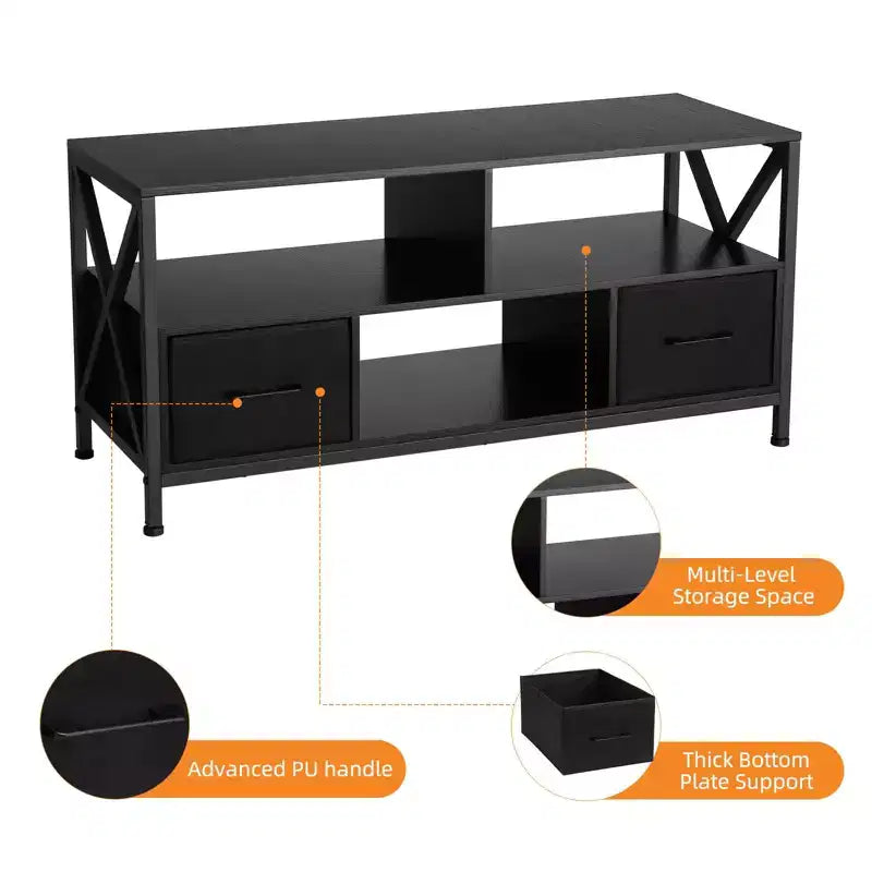 Mueble para TV negro con estantes abiertos, apto para televisores de hasta 50 pulgadas
