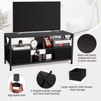 Mueble para TV negro con estantes abiertos, apto para televisores de hasta 50 pulgadas