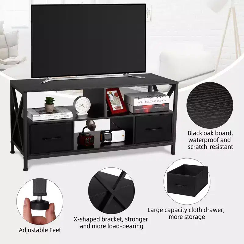 Mueble para TV negro con estantes abiertos, apto para televisores de hasta 50 pulgadas