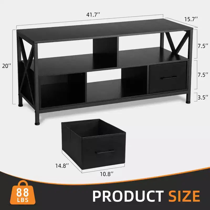 Mueble para TV negro con estantes abiertos, apto para televisores de hasta 50 pulgadas