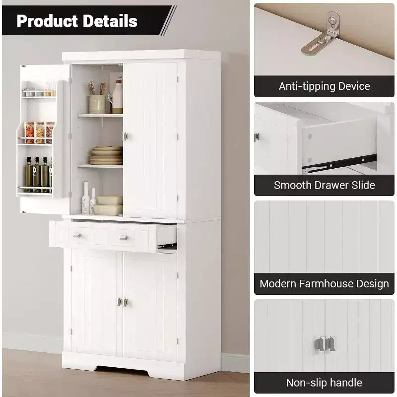 Armario de despensa de cocina alto de 72" en blanco y negro – Almacenamiento independiente de 4 puertas con estantes y cajón