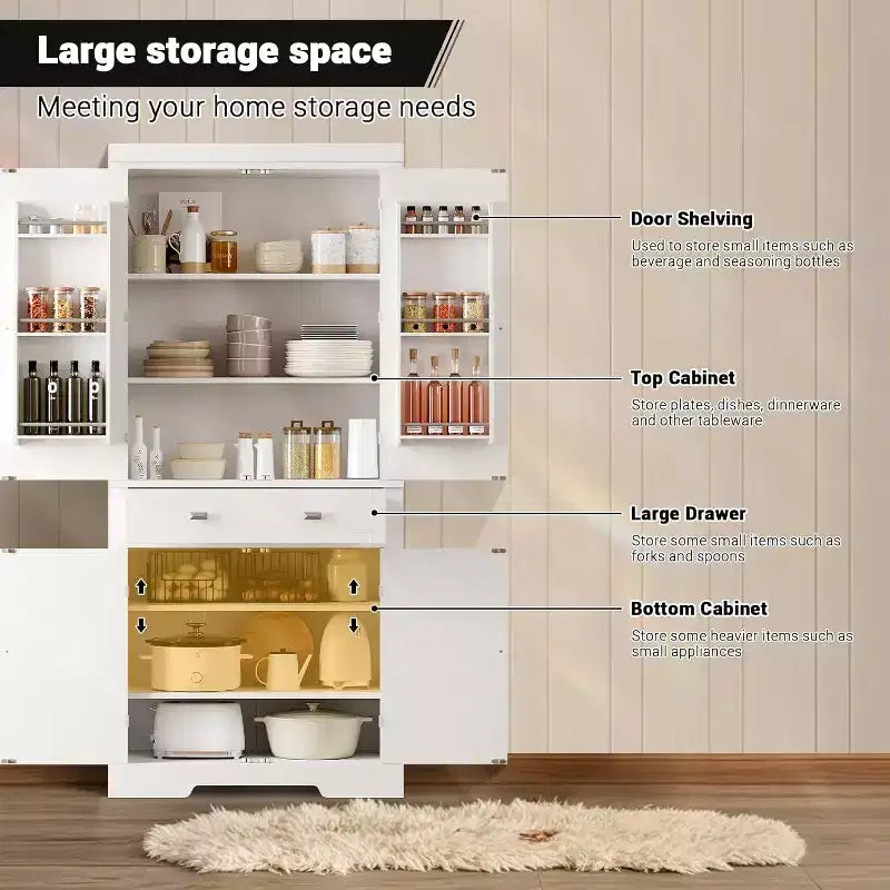 Armario de despensa de cocina alto de 72" en blanco y negro – Almacenamiento independiente de 4 puertas con estantes y cajón