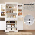Armario de despensa de cocina alto de 72" en blanco y negro – Almacenamiento independiente de 4 puertas con estantes y cajón