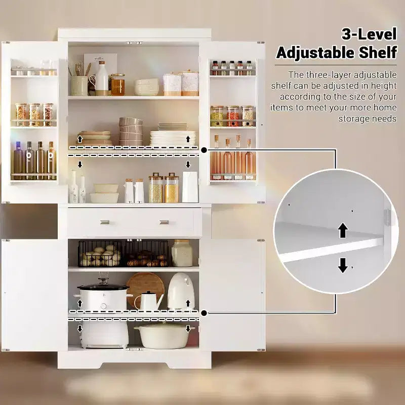 Armario de despensa de cocina alto de 72" en blanco y negro – Almacenamiento independiente de 4 puertas con estantes y cajón