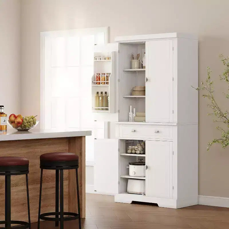 Armario de despensa de cocina alto de 72" en blanco y negro – Almacenamiento independiente de 4 puertas con estantes y cajón
