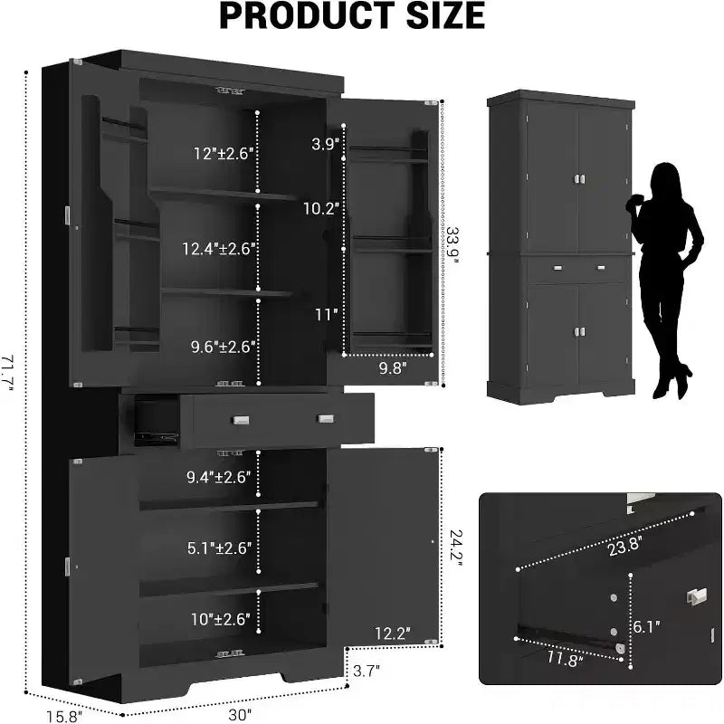 Armario de despensa de cocina alto de 72" en blanco y negro – Almacenamiento independiente de 4 puertas con estantes y cajón