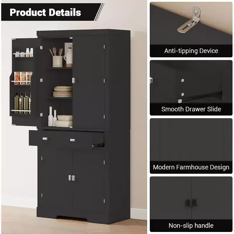 Armario de despensa de cocina alto de 72" en blanco y negro – Almacenamiento independiente de 4 puertas con estantes y cajón
