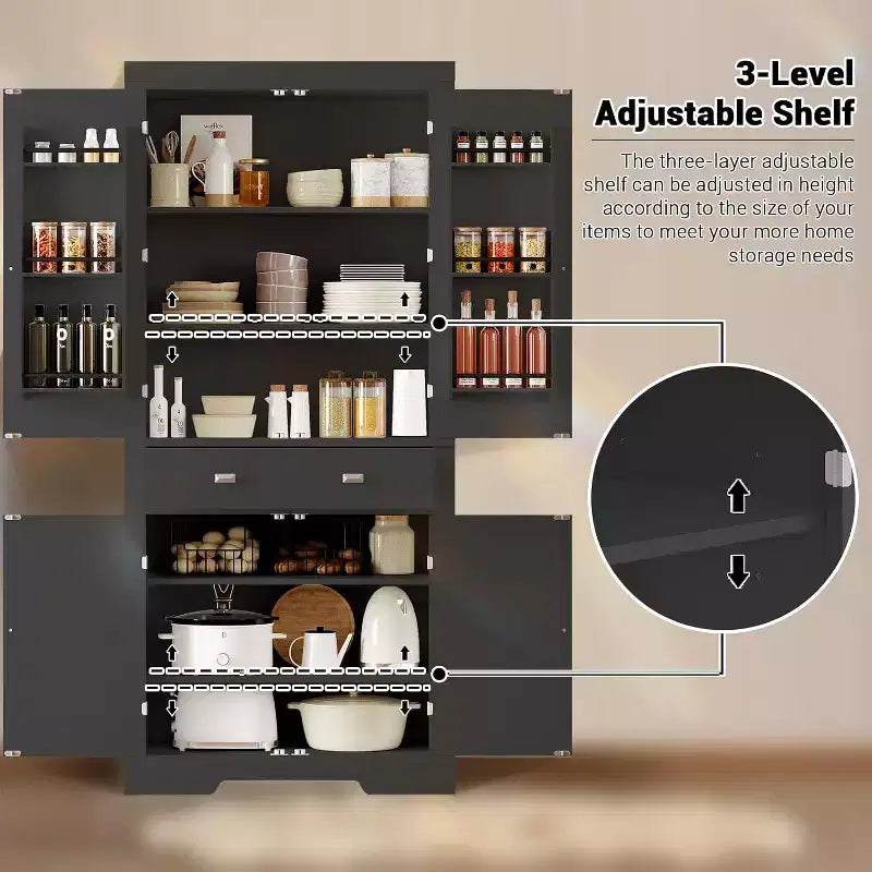 Armario de despensa de cocina alto de 72" en blanco y negro – Almacenamiento independiente de 4 puertas con estantes y cajón