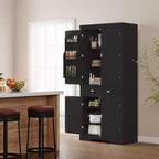 Armario de despensa de cocina alto de 72" en blanco y negro – Almacenamiento independiente de 4 puertas con estantes y cajón