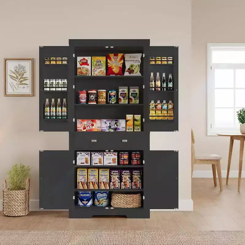 Armario de despensa de cocina alto de 72" en blanco y negro – Almacenamiento independiente de 4 puertas con estantes y cajón