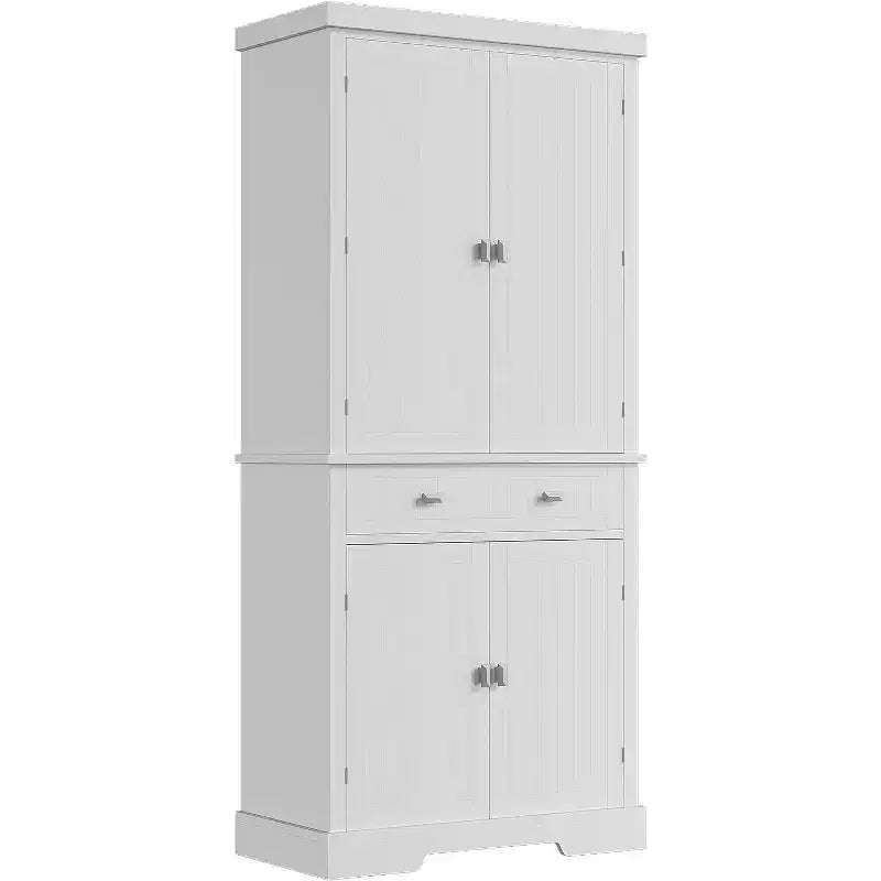 Armario de despensa de cocina alto de 72" en blanco y negro – Almacenamiento independiente de 4 puertas con estantes y cajón