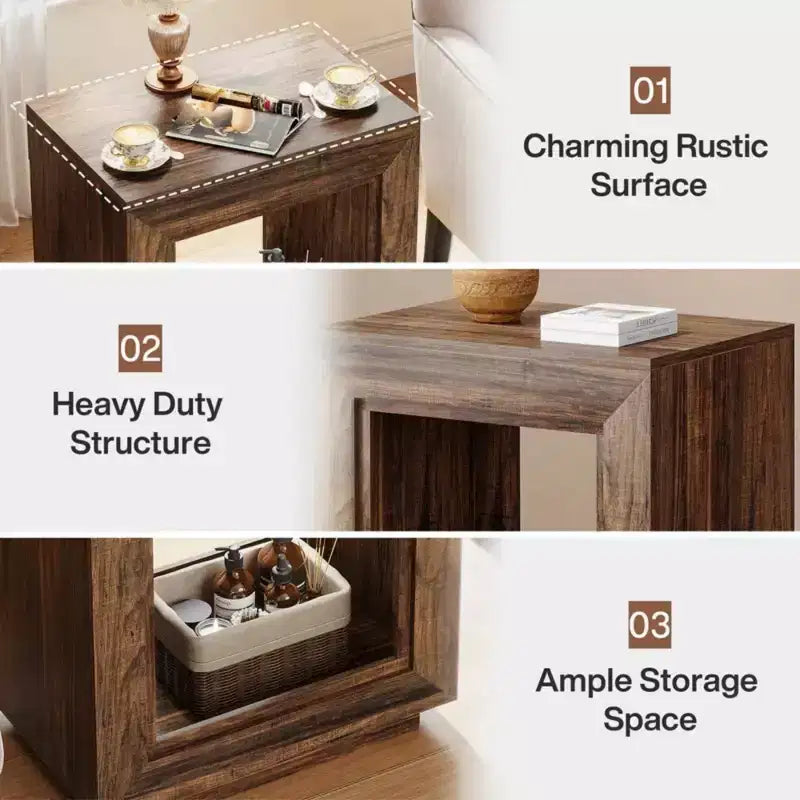 Mesa auxiliar cuadrada de madera beige/negra/marrón con almacenamiento, uso para 1 persona