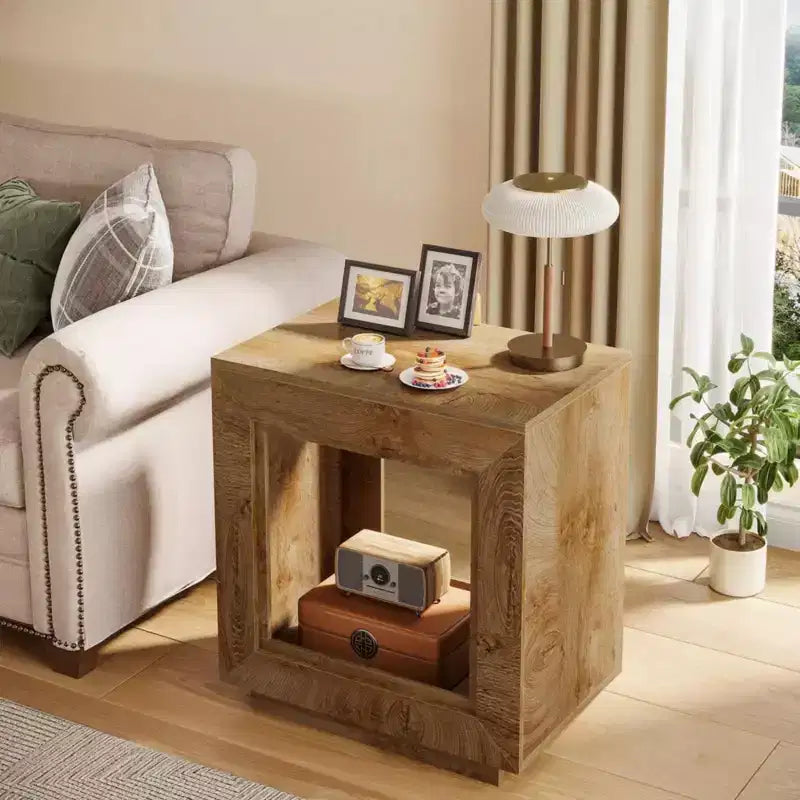Mesa auxiliar cuadrada de madera beige/negra/marrón con almacenamiento, uso para 1 persona