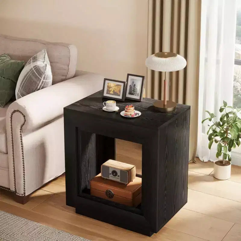 Mesa auxiliar cuadrada de madera beige/negra/marrón con almacenamiento, uso para 1 persona