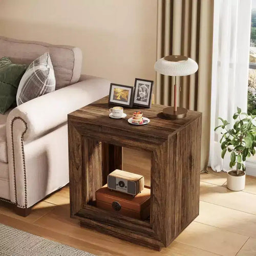 Brown Wood End Table Square Side Table Nightstands with Storage