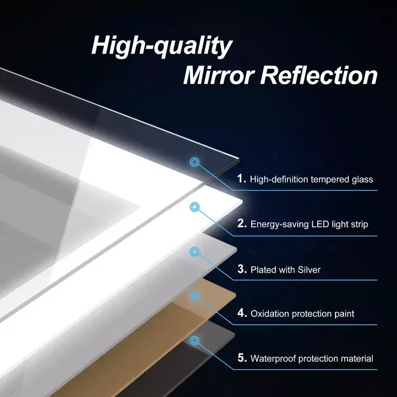 Espejo de baño con marco de aluminio plateado, LED antivaho – 1 persona