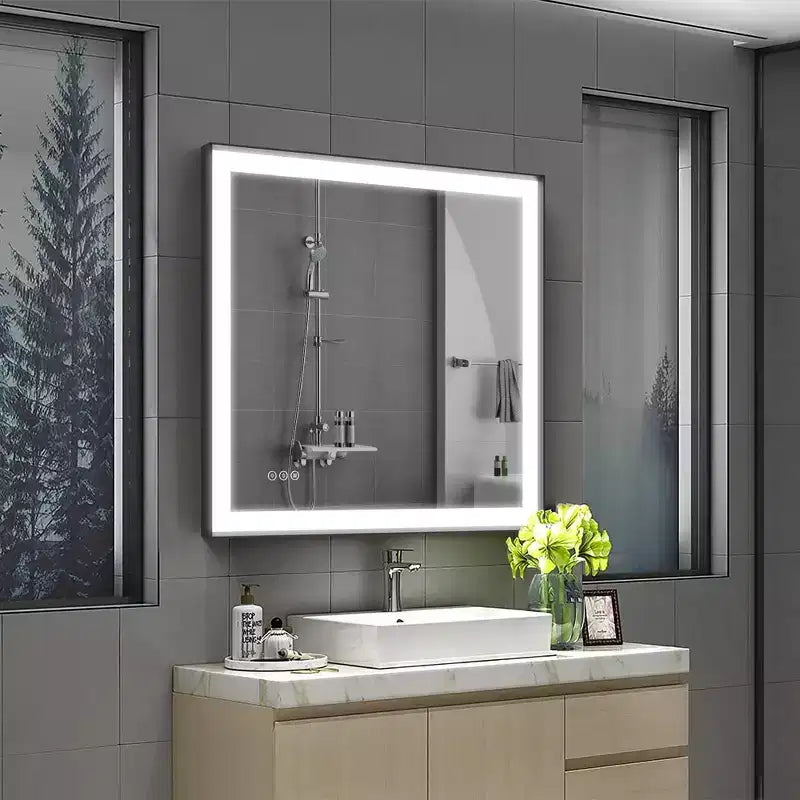 Espejo de baño con marco de aluminio plateado, LED antivaho – 1 persona