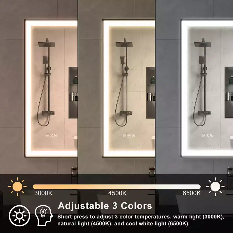 Espejo de baño con marco de aluminio plateado, LED antivaho – 1 persona