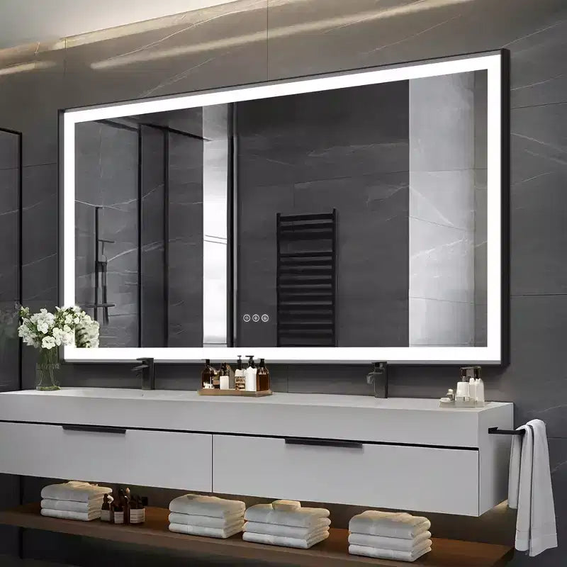 Espejo de baño con marco de aluminio plateado, LED antivaho – 1 persona