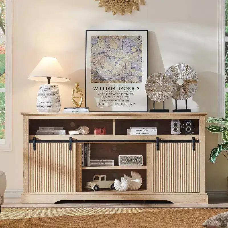 Mueble de TV con puertas correderas (marrón/natural/blanco) para televisores de hasta 70 pulgadas