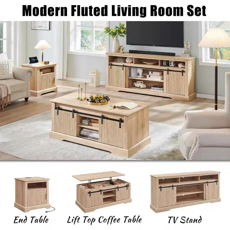 Mueble de TV con puertas correderas (marrón/natural/blanco) para televisores de hasta 70 pulgadas