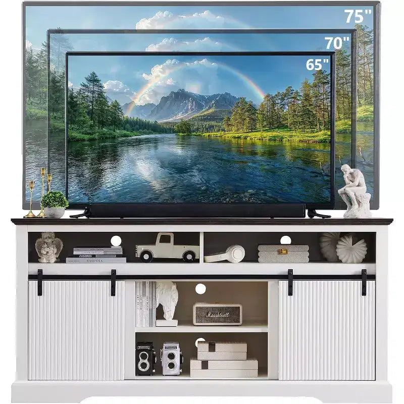 Mueble de TV con puertas correderas (marrón/natural/blanco) para televisores de hasta 70 pulgadas