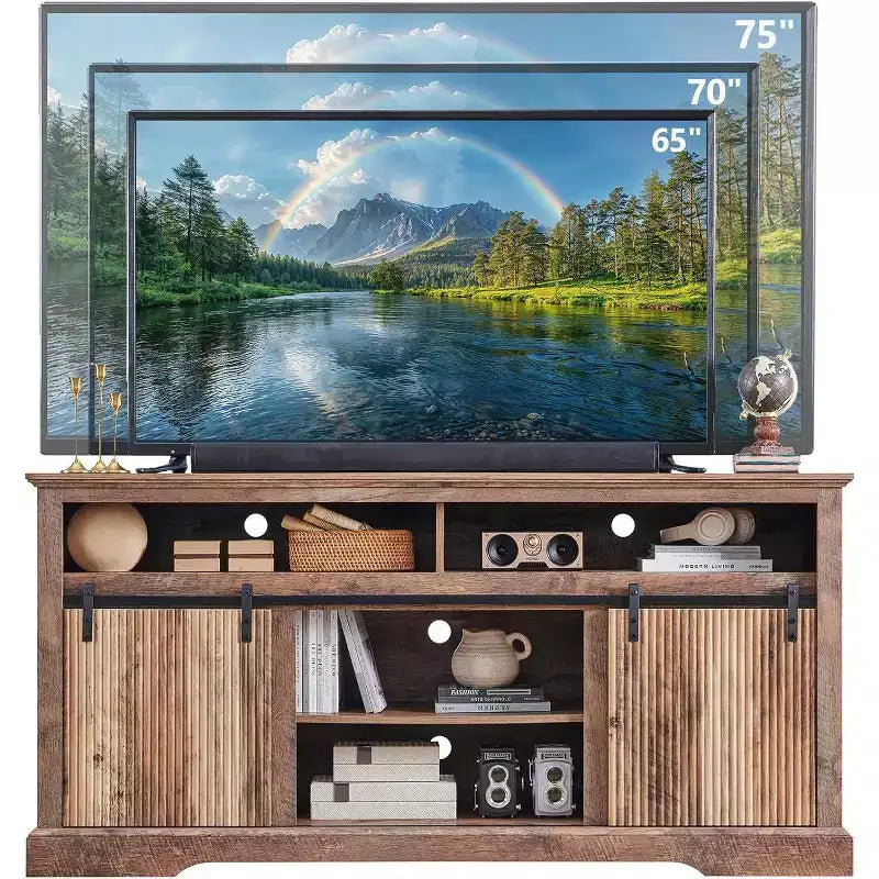 Mueble de TV con puertas correderas (marrón/natural/blanco) para televisores de hasta 70 pulgadas