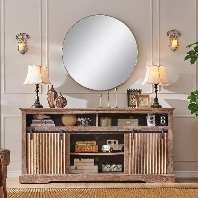 Mueble de TV con puertas correderas (marrón/natural/blanco) para televisores de hasta 70 pulgadas