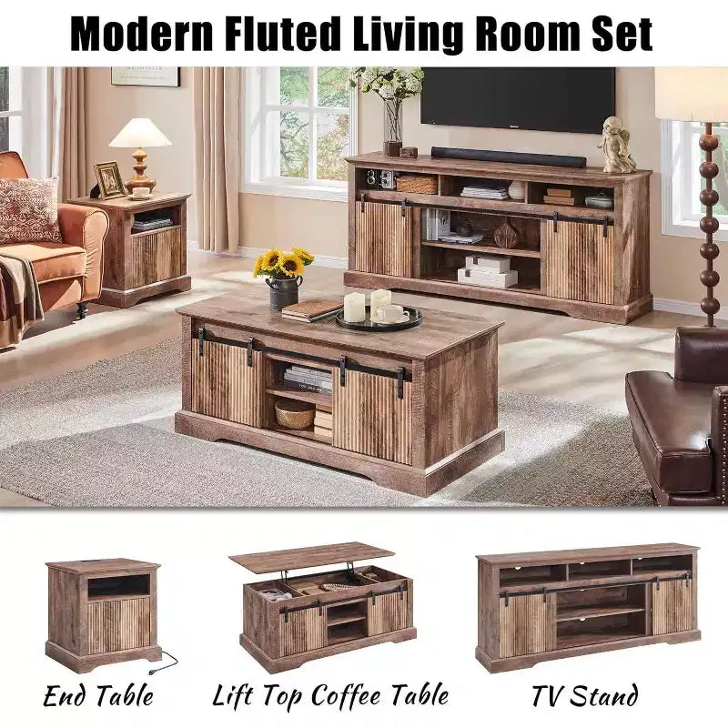Mueble de TV con puertas correderas (marrón/natural/blanco) para televisores de hasta 70 pulgadas