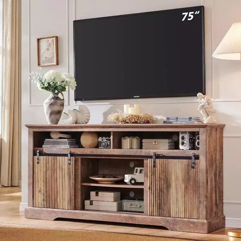 Mueble de TV con puertas correderas (marrón/natural/blanco) para televisores de hasta 70 pulgadas